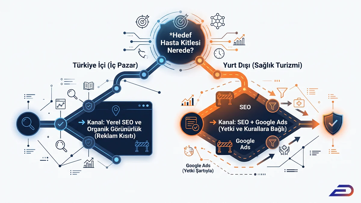 Digital Plus hasta pazarı ve kanal seçimi karar ağacı: Hedef kitle analizinde; iç pazarı reklam kısıtlamaları nedeniyle yerel SEO'ya, yurt dışı sağlık turizmini ise yasal yetkilere bağlı olarak SEO ve Google Ads entegrasyonuna yönlendiren dijital yol haritası.
