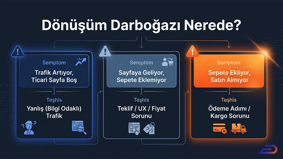 Digital Plus Dönüşüm Darboğazı Teşhis Paneli: 'Trafik Artıyor, Ticari Sayfa Boş' semptomunu yanlış trafikle, 'Sayfaya Geliyor, Sepete Eklemiyor' semptomunu teklif/UX sorunuyla, 'Sepete Ekliyor, Satın Almıyor' semptomunu ise ödeme adımı/kargo sorunuyla eşleştiren analiz ekranı.