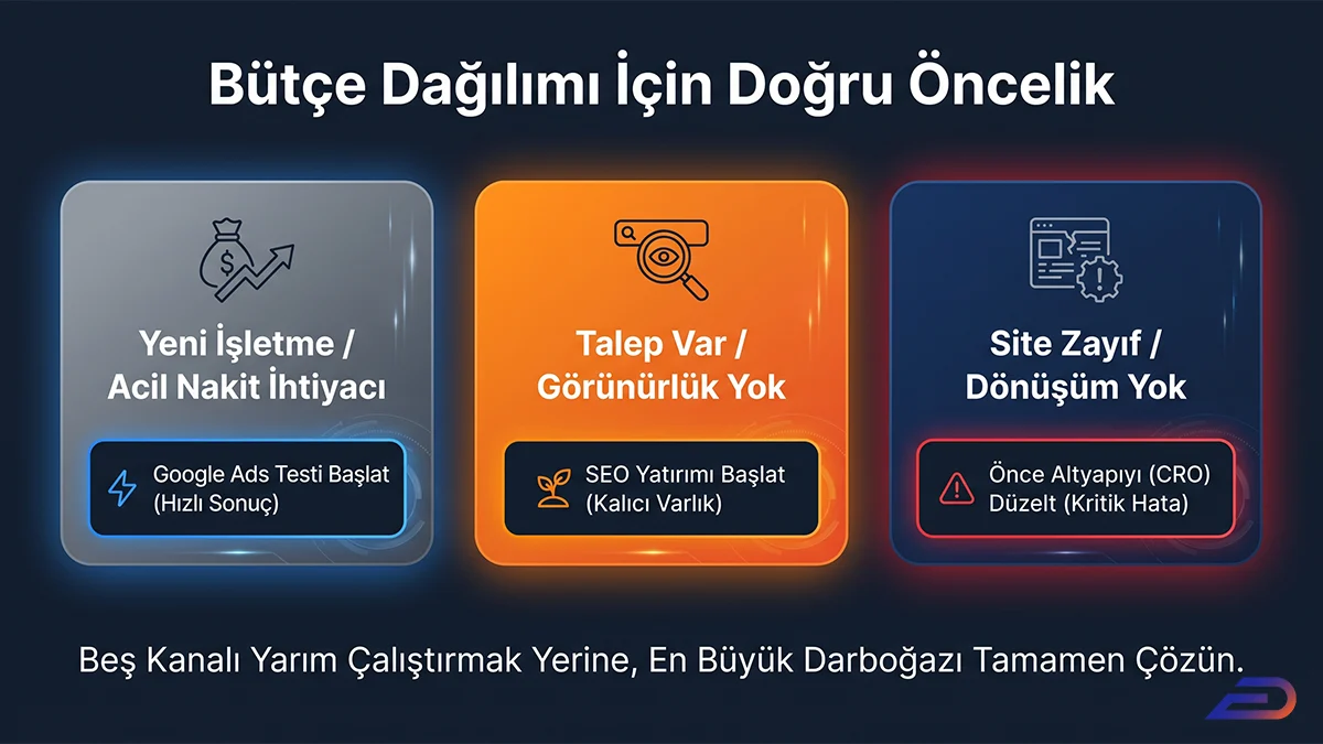 Digital Plus bütçe dağılımı öncelik matrisi: Yeni işletme/acil nakit ihtiyacında Google Ads (hızlı sonuç), talep olup görünürlük olmadığında SEO yatırımı (kalıcı varlık), site veya dönüşüm zayıfsa önce altyapıyı (CRO) düzeltme stratejilerini gösteren üçlü karar paneli.