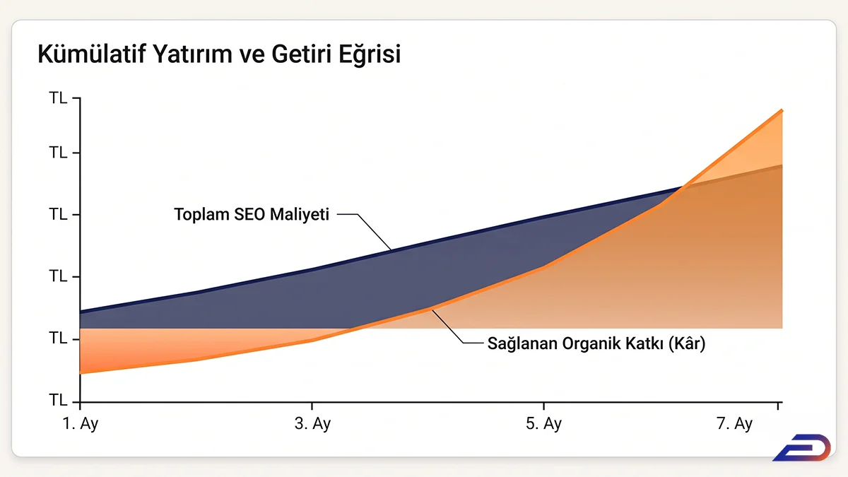 Digital Plus kümülatif yatırım ve getiri eğrisi: 7 aylık periyotta, sabit artan 'Toplam SEO Maliyeti' ile zamanla ivmelenerek maliyeti aşan 'Sağlanan Organik Katkı (Kâr)' değerini gösteren alan grafiği.