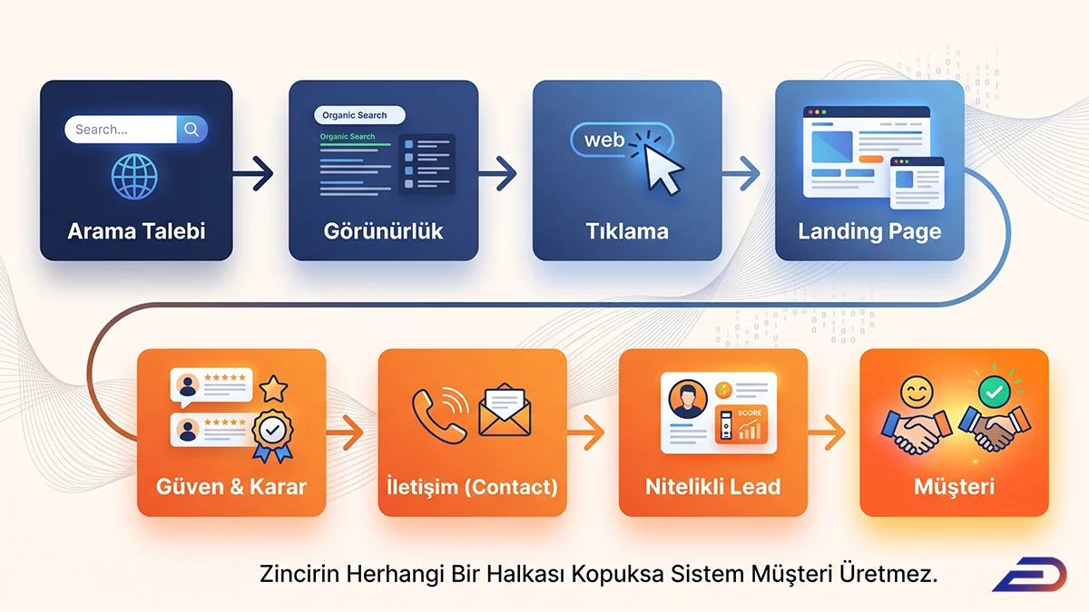 Digital Plus organik müşteri kazanım zinciri: Arama talebi, görünürlük, tıklama ve açılış sayfasıyla (mavi faz) başlayan sürecin; güven ve karar, iletişim, nitelikli lead ve nihai müşteriye (turuncu faz) dönüştüğünü gösteren 8 adımlı akış şeması.
