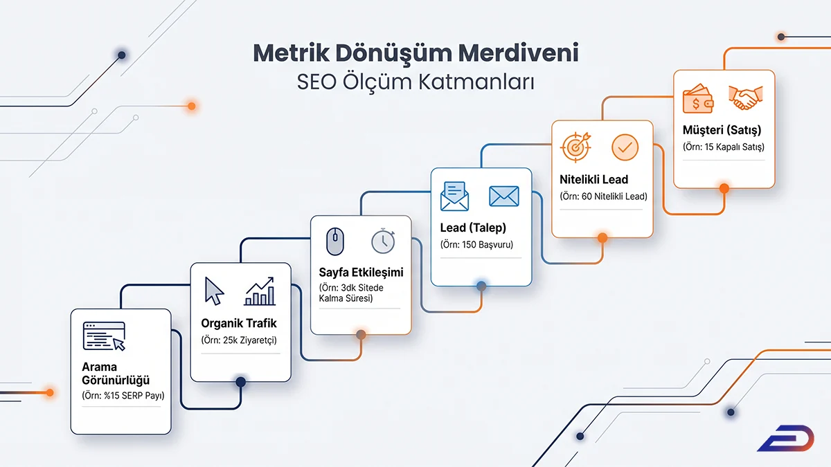 Digital Plus metrik dönüşüm merdiveni: Arama Görünürlüğü, Organik Trafik, Sayfa Etkileşimi, Lead (Talep), Nitelikli Lead ve Müşteri (Satış) aşamalarını sırasıyla takip eden ve koyu lacivertten canlı turuncuya doğru ilerleyen 6 basamaklı SEO ölçüm katmanları grafiği.