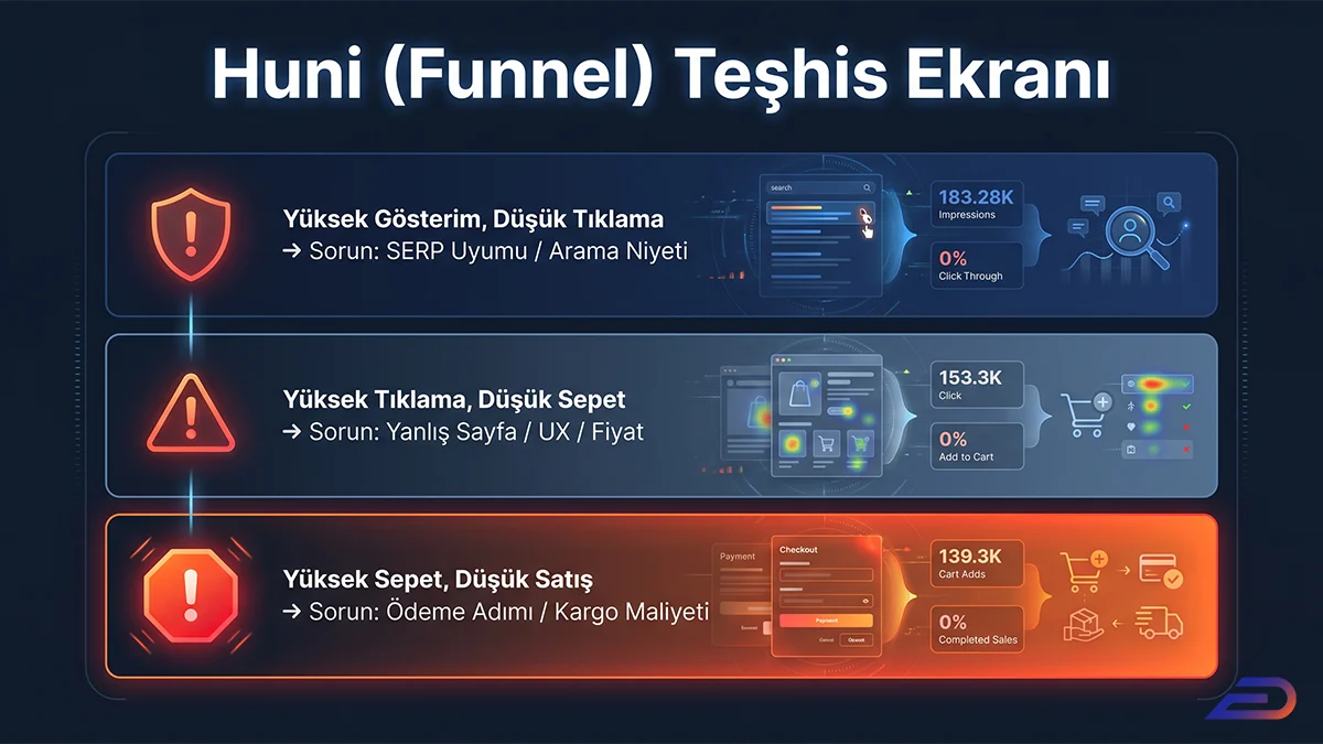 Digital Plus huni (funnel) teşhis ekranı: Yüksek gösterim/düşük tıklama (SERP uyumu ve arama niyeti sorunu), yüksek tıklama/düşük sepet (yanlış sayfa, UX, fiyat sorunu) ve yüksek sepet/düşük satış (ödeme adımı ve kargo maliyeti sorunu) darboğazlarını veri ekranlarıyla analiz eden üç kademeli panel.