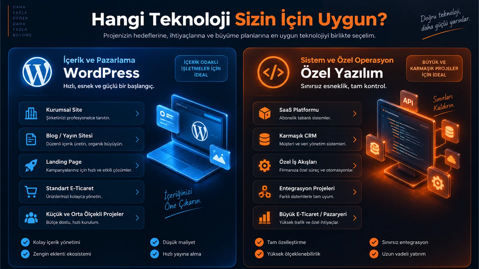 Digital Plus proje tipi karar ekranı: İçerik odaklı kurumsal site ve standart e-ticaret projeleri için mavi renkli WordPress altyapısını; karmaşık CRM, SaaS platformları ve büyük e-ticaret sistemleri için ise turuncu renkli Özel Yazılım çözümlerini listeleyen teknoloji seçim paneli.