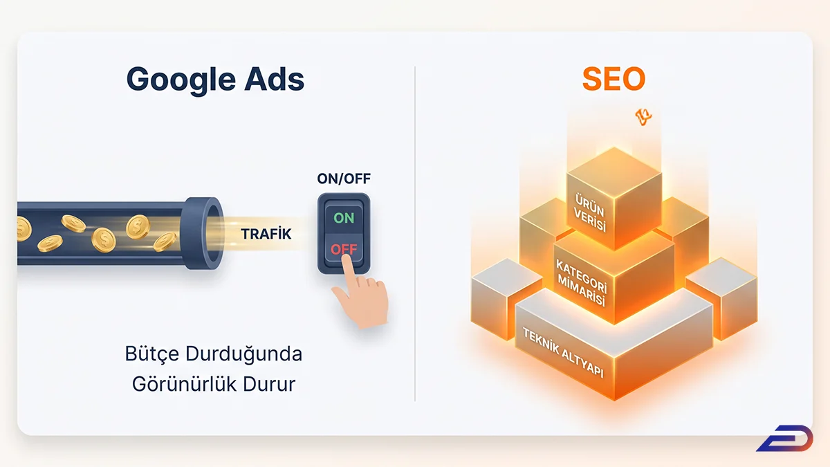 Digital Plus reklam harcaması ve SEO varlığı karşılaştırması: Sol tarafta bütçe kesildiğinde trafiği durduran ON/OFF şalterli Google Ads mekanizması; sağ tarafta ise teknik altyapı, kategori mimarisi ve ürün verisi katmanlarıyla inşa edilen kalıcı ve bağımsız SEO varlığı piramidi.