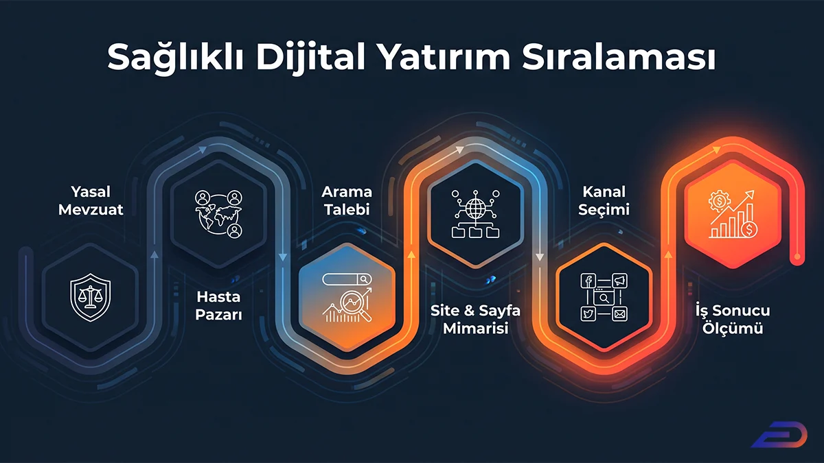 Digital Plus sağlıklı dijital yatırım sıralaması: Yasal mevzuat, hasta pazarı, arama talebi, site ve sayfa mimarisi, kanal seçimi ve nihai iş sonucu ölçümü adımlarını birbirine bağlayan altıgen tasarımlı strateji akış şeması.