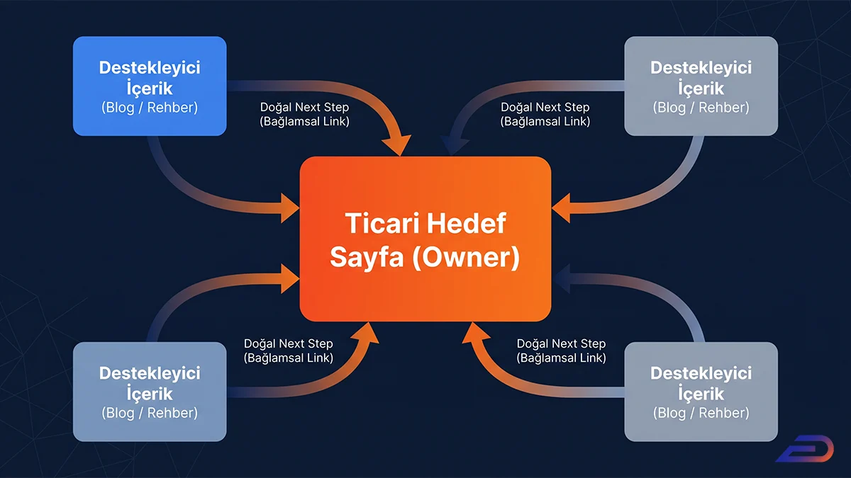 Digital Plus sayfa rolü bağlantı modeli: Dört farklı destekleyici blog ve rehber içeriğinden, merkezdeki ticari hedef sayfaya (owner) yönlendirilen doğal ve bağlamsal link (next step) akışını gösteren hiyerarşi diyagramı.