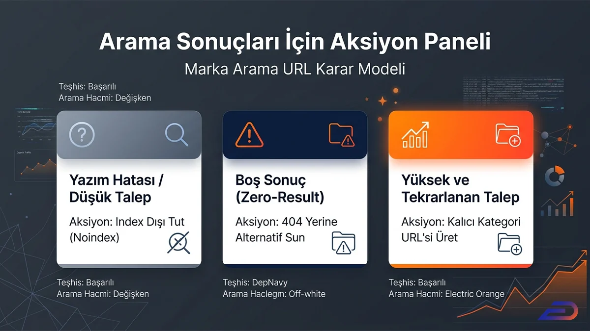 Digital Plus arama sonuçları aksiyon paneli ve URL karar modeli: Site içi arama verilerine göre yazım hatası/düşük talepte sayfayı indeks dışı (noindex) tutma, boş sonuçlarda (zero-result) alternatif sunma ve yüksek talepte kalıcı kategori URL'si üretme adımlarını gösteren üçlü strateji matrisi.