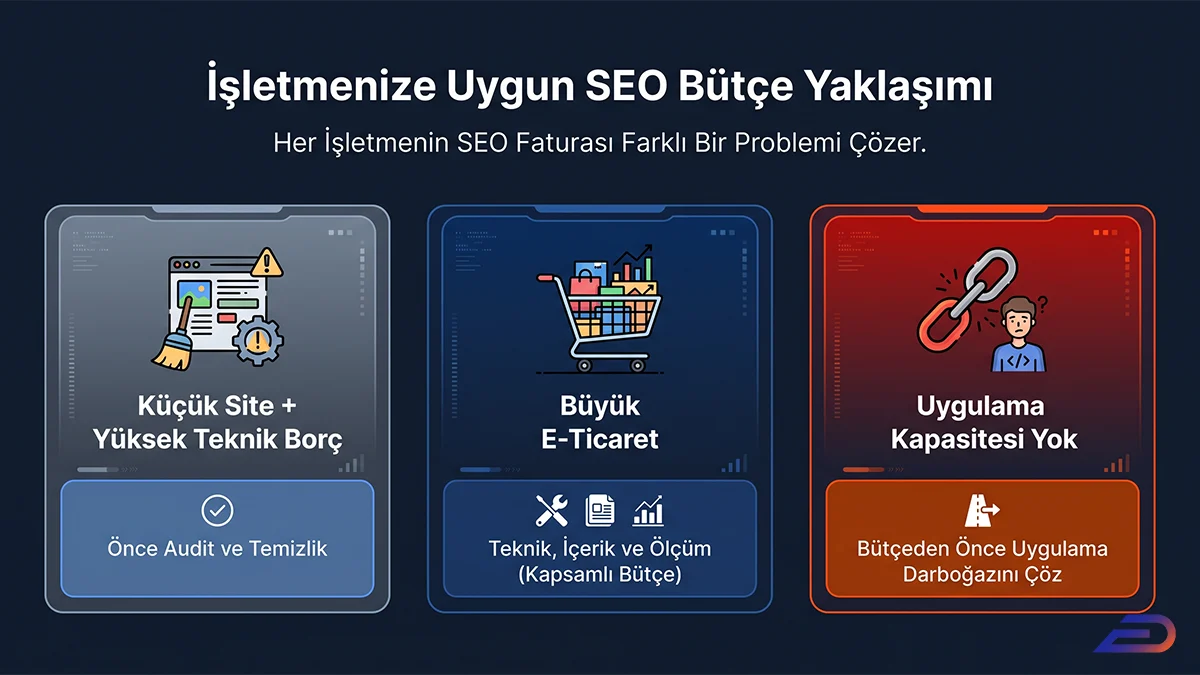 Digital Plus işletmelere uygun SEO bütçe yaklaşımı: Küçük site ve yüksek teknik borç için 'Önce Audit', büyük e-ticaret için 'Kapsamlı Bütçe' ve uygulama kapasitesi eksikliğinde 'Önce Darboğazı Çöz' aksiyonlarını sunan üçlü karar paneli.