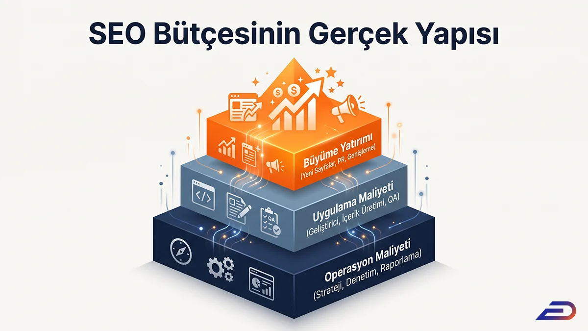 Digital Plus SEO bütçesinin yapısı: Tabanda operasyon maliyeti (strateji, raporlama), ortada uygulama maliyeti (geliştirici, içerik) ve zirvede turuncu renkle vurgulanan büyüme yatırımından (yeni sayfalar, PR) oluşan üç katmanlı 3D piramit şeması.