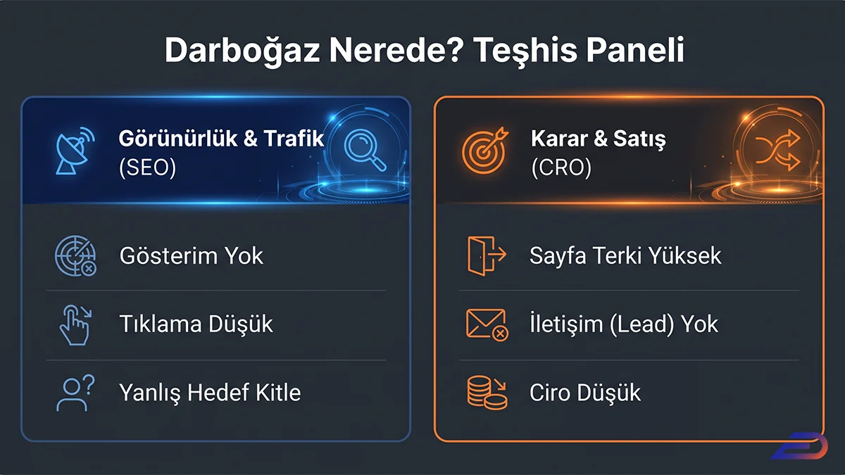Digital Plus darboğaz teşhis paneli: Görünürlük ve trafik sorunlarını (gösterim yok, tıklama düşük, yanlış hedef kitle) SEO kategorisinde; karar ve satış sorunlarını (sayfa terki yüksek, iletişim/lead yok, ciro düşük) ise CRO kategorisinde sınıflandıran ikili analiz ekranı.