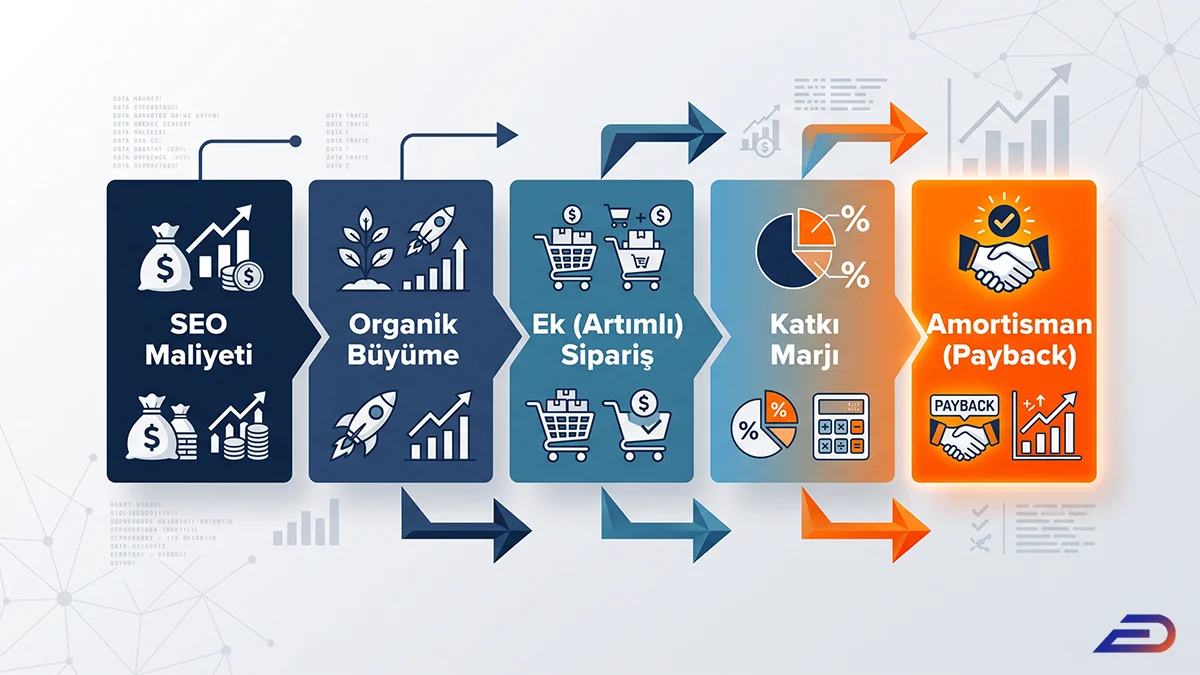 Digital Plus SEO ekonomik katkı zinciri: SEO maliyetiyle başlayan sürecin, organik büyüme, ek (artımlı) sipariş ve katkı marjı aşamalarından geçerek turuncu renkle vurgulanan nihai 'Amortisman (Payback)' noktasına ulaştığını gösteren beş adımlı akış şeması.