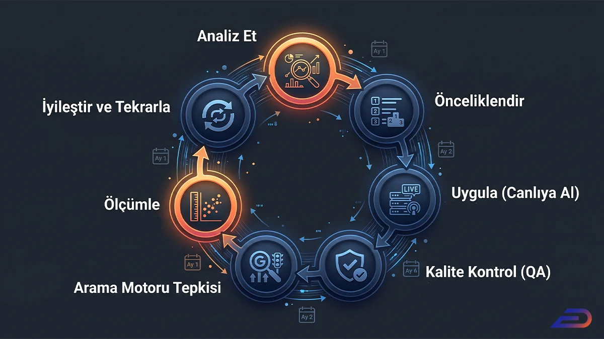 Digital Plus sürekli SEO yönetim döngüsü: Analiz Et aşamasıyla başlayıp sırasıyla Önceliklendir, Uygula (Canlıya Al), Kalite Kontrol (QA), Arama Motoru Tepkisi, Ölçümle ve İyileştir ve Tekrarla adımlarını takip eden, merkez etrafında dönen 7 aşamalı dijital çark şeması.