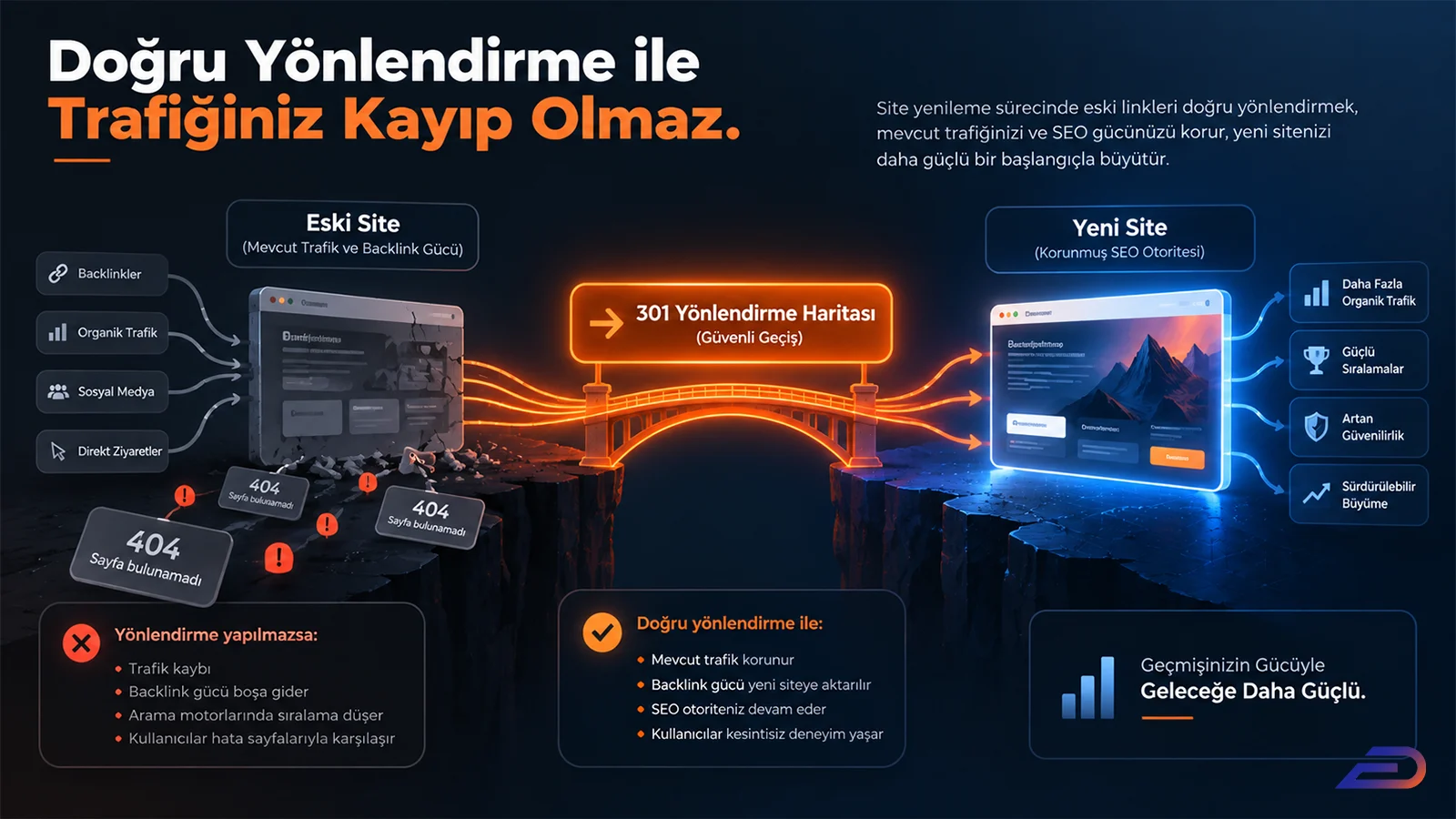 Digital Plus SEO URL taşıma kılavuzu: Eski sitenin kırık ve parçalanmış yapısından, 301 yönlendirme haritası (turuncu köprü) üzerinden güvenli bir şekilde geçerek korunan SEO otoritesini ve artan organik trafiği simgeleyen yeni siteye uzanan geçiş illüstrasyonu.