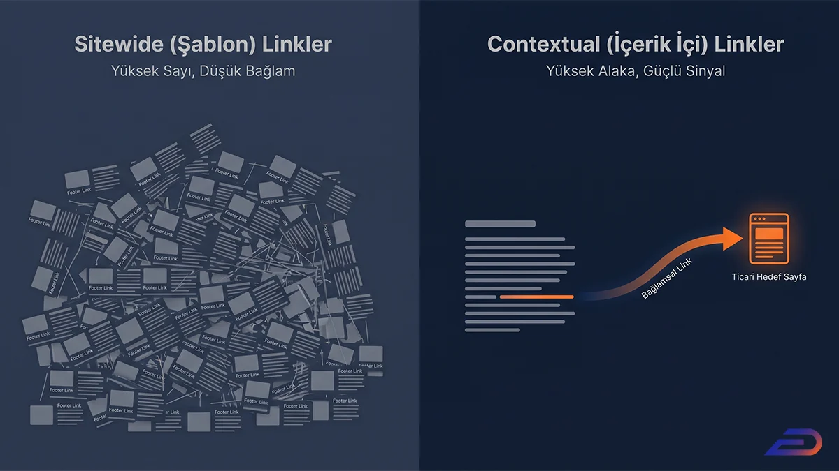 Digital Plus SEO stratejisi: Çok sayıda ve düşük bağlamlı sitewide (şablon) link yığını ile ticari hedef sayfaya yönlenen yüksek alakalı ve güçlü sinyalli contextual (içerik içi) link yapısını karşılaştıran şema.