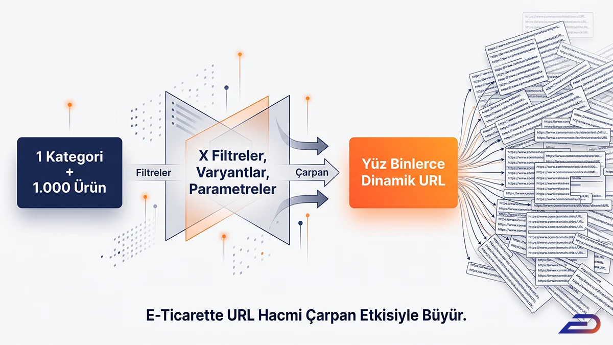 Digital Plus URL hacmi çarpan etkisi: 1 kategori ve 1.000 ürünün, çeşitli filtreler, varyantlar ve parametrelerle çarpılarak yüz binlerce dinamik URL'ye nasıl dönüştüğünü gösteren e-ticaret veri şeması.