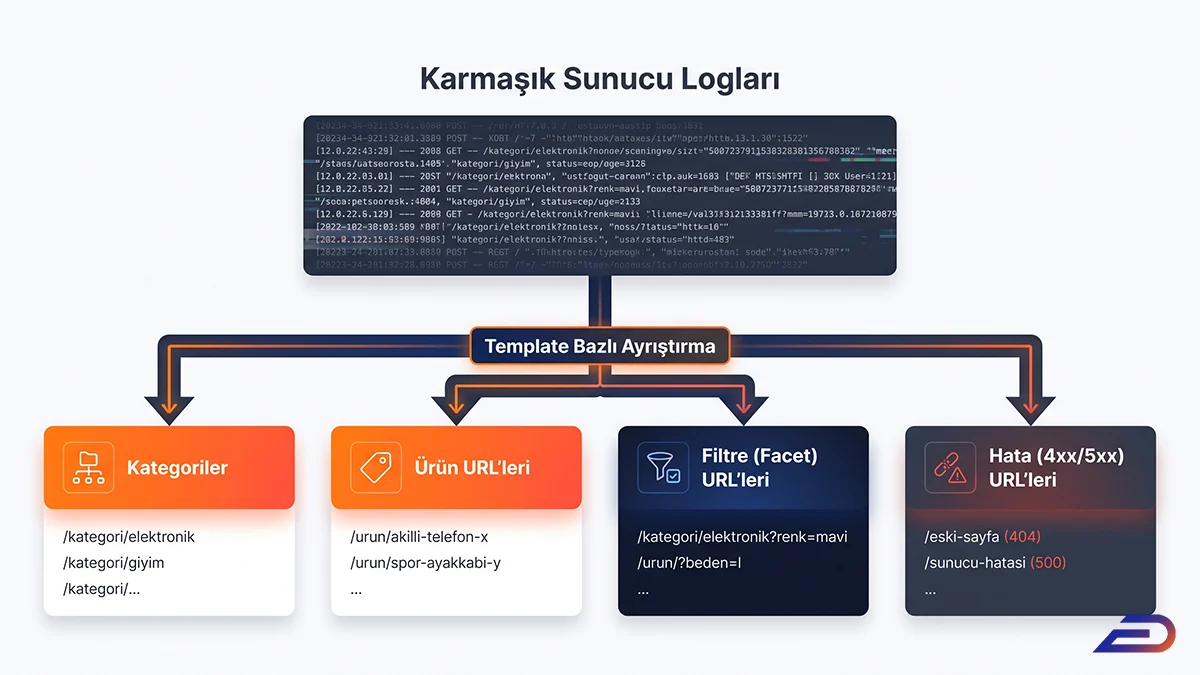 Digital Plus log ayrıştırma modeli: Karmaşık sunucu loglarının 'Template Bazlı Ayrıştırma' yöntemiyle işlenerek Kategoriler, Ürün URL'leri, Filtre (Facet) URL'leri ve Hata (4xx/5xx) URL'leri olmak üzere dört ayrı gruba sınıflandırılmasını gösteren akış şeması.