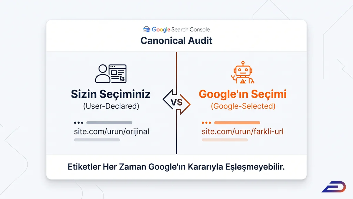 Digital Plus Google Search Console canonical denetimi: Site sahibinin belirlediği URL (User-Declared) ile Google'ın dizine eklemeyi seçtiği farklı URL (Google-Selected) arasındaki uyuşmazlığı ve etiketlerin her zaman Google'ın kararıyla eşleşmeyebileceğini vurgulayan karşılaştırma grafiği.