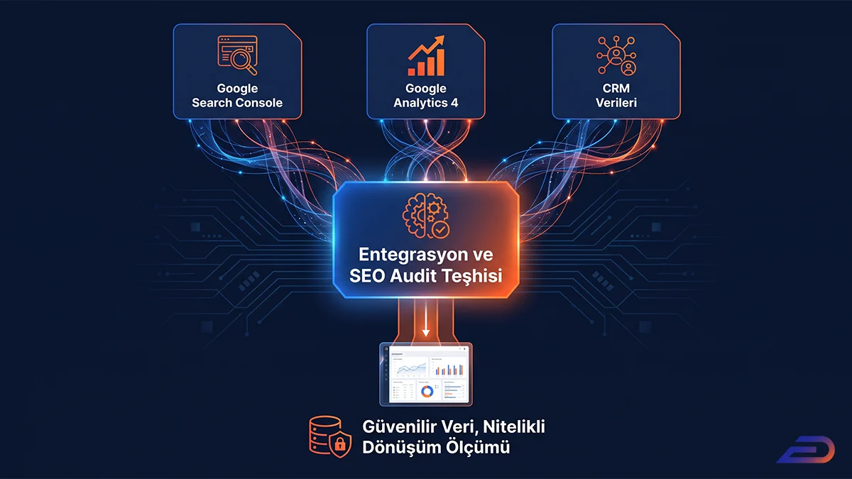 Digital Plus veri entegrasyonu ve SEO audit teşhisi: Google Search Console, Google Analytics 4 ve CRM verilerinin tek bir merkezde birleşerek güvenilir veri ve nitelikli dönüşüm ölçümü paneline aktarıldığını gösteren teknolojik ağ şeması.