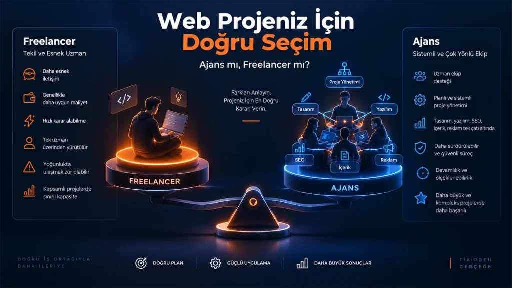 Digital Plus "Web Projeniz İçin Doğru Seçim" kapak görseli: Sol kefesinde tekil ve esnek uzmanlığı temsil eden Freelancer modelini (turuncu aydınlatmalı tek kişi), sağ kefesinde ise tasarım, yazılım, SEO ve içeriği tek çatı altında sunan sistemli Ajans ekibini (mavi aydınlatmalı ağ yapısı) tartarak karşılaştıran 3 boyutlu denge terazisi illüstrasyonu.