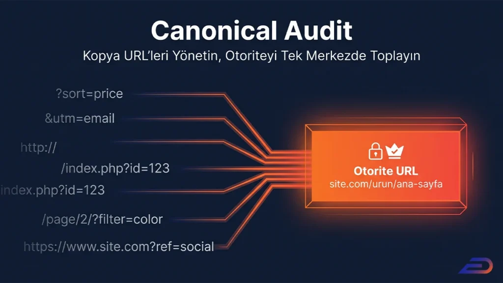 Digital Plus Canonical Audit kapak görseli: Parametre içeren veya kopya niteliğindeki dağınık URL yapılarının, kopya içerikleri yönetmek ve otoriteyi tek merkezde toplamak amacıyla asıl hedef olan 'Otorite URL'ye nasıl yönlendirildiğini anlatan veri akış illüstrasyonu.