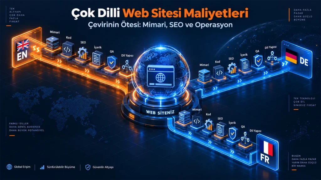 Digital Plus "Çok Dilli Web Sitesi Maliyetleri" kapak görseli: Merkezdeki 'Web Siteniz' yazılı 3 boyutlu dijital yerküreden İngilizce (EN), Almanca (DE) ve Fransızca (FR) hedeflerine uzanan veri yolları üzerinde; mimari, kod, SEO, içerik, QA ve dil yapısı modüllerinin sıralandığını gösteren izometrik teknoloji ağ illüstrasyonu.