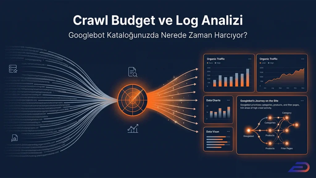Digital Plus 'Crawl Budget ve Log Analizi' kapak görseli: 'Googlebot Kataloğunuzda Nerede Zaman Harcıyor?' başlığıyla birlikte, dağınık ham log verilerinin merkezi bir odaktan süzülerek yapılandırılmış performans grafiklerine ve tarama ağı şemalarına dönüştüğünü temsil eden illüstrasyon.
