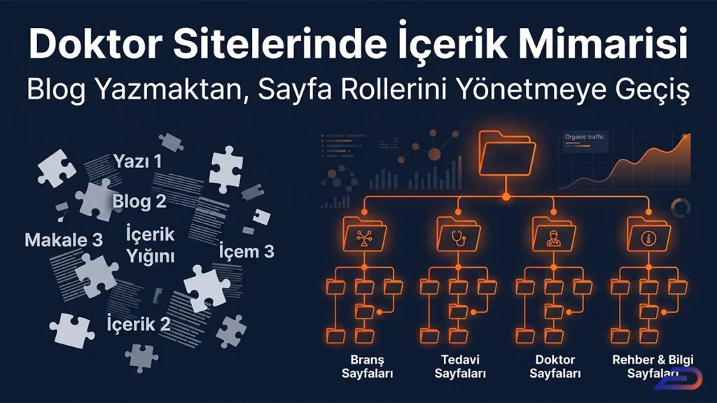 Digital Plus Doktor Sitelerinde İçerik Mimarisi kapak görseli: Sol taraftaki dağınık ve plansız blog içerik yığınından, sağ tarafta branş, tedavi, doktor ve rehber sayfalarından oluşan düzenli klasör hiyerarşisine geçişi ve bu hiyerarşinin organik trafik artışına etkisini anlatan karşılaştırmalı illüstrasyon.