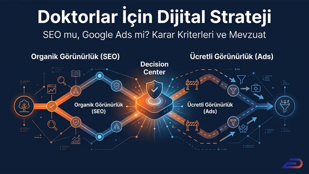 Digital Plus doktorlar için dijital strateji kapak görseli: Karar kriterleri ve mevzuatı temel alan merkezî bir kontrol noktasından (Decision Center) ikiye ayrılarak, organik görünürlük (SEO) ile ücretli görünürlük (Ads) seçeneklerini karşılaştıran teknolojik ağ illüstrasyonu.