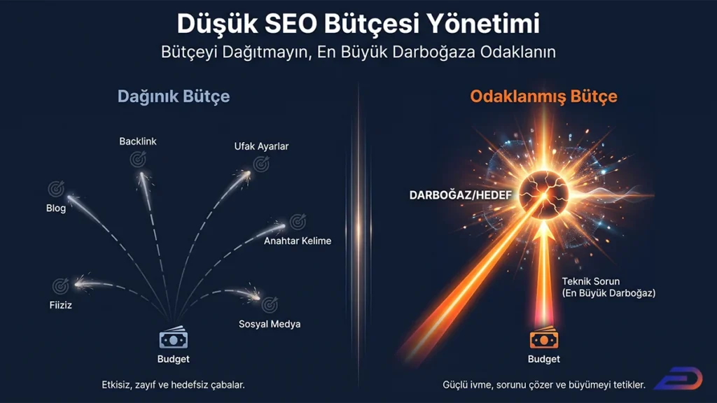 Digital Plus 'Düşük SEO Bütçesi Yönetimi' kapak görseli: Sol tarafta farklı kanallara yayılan zayıf ve etkisiz 'Dağınık Bütçe' modelini, sağ tarafta ise tüm kaynağın teknik sorun gibi tek bir ana hedefe yönlendirilerek güçlü bir etki yarattığı 'Odaklanmış Bütçe' stratejisini karşılaştıran illüstrasyon.