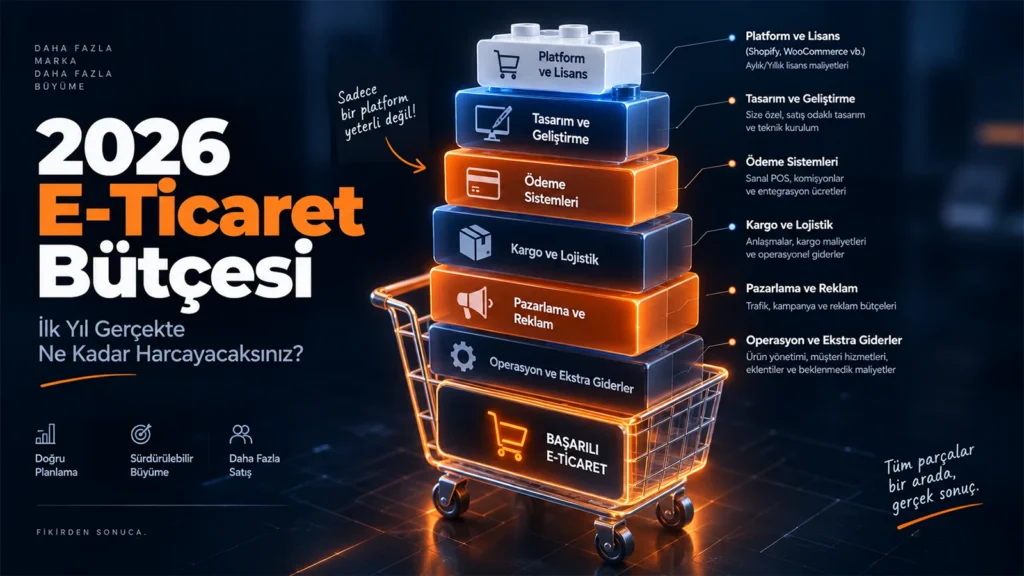 Digital Plus '2026 E-Ticaret Bütçesi' kapak görseli: Sadece platform lisansının başarılı bir proje için yeterli olmadığını vurgulayan; tasarım, ödeme sistemleri, kargo, reklam ve operasyon gibi tüm gerçek maliyet kalemlerinin ışıklı bir dijital alışveriş arabası içinde üst üste dizildiğini gösteren 3 boyutlu blok illüstrasyonu.