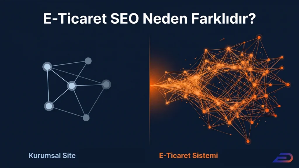 Digital Plus 'E-Ticaret SEO Neden Farklıdır?' kapak görseli: Sol tarafta kurumsal sitenin basit ve sınırlı ağ yapısını, sağ tarafta ise e-ticaret sisteminin devasa, karmaşık ve iç içe geçmiş turuncu bağlantı ağını karşılaştıran illüstrasyon.