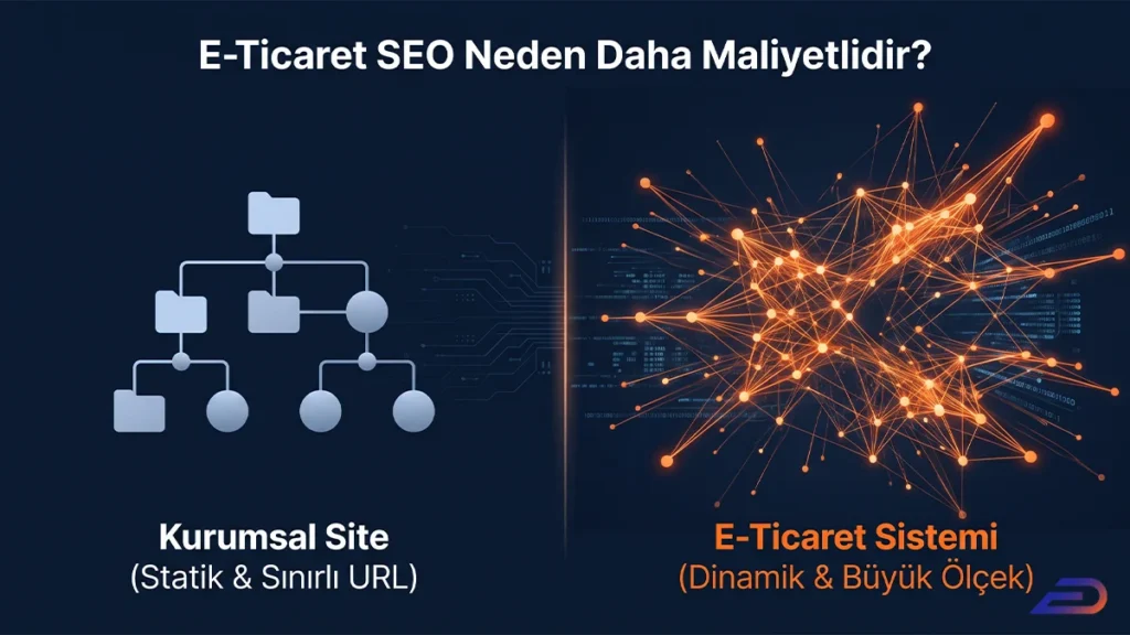 Digital Plus 'E-Ticaret SEO Neden Daha Maliyetlidir?' kapak görseli: Sol tarafta statik ve sınırlı URL hiyerarşisine sahip sade kurumsal site klasör yapısını, sağ tarafta ise dinamik ve büyük ölçekli e-ticaret sistemlerinin karmaşık, iç içe geçmiş turuncu bağlantı ağını karşılaştıran ölçek illüstrasyonu.