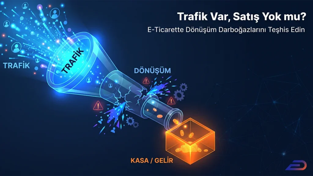 Digital Plus "Trafik Var, Satış Yok mu?" kapak görseli: Geniş bir ağızdan giren yoğun trafiğin, kırık ve sızdıran bir dönüşüm hunisinden geçerek daraldığını ve yalnızca küçük bir kısmının turuncu renkli kasa/gelir kutusuna ulaştığını gösteren 3D illüstrasyon.