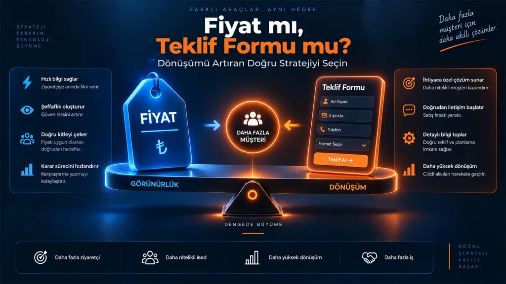 Digital Plus "Fiyat mı, Teklif Formu mu?" kapak görseli: 3 boyutlu bir denge terazisinde; sol tarafta hızlı bilgi ve şeffaflık sağlayarak görünürlüğü artıran mavi neonlu 'Fiyat' etiketini, sağ tarafta ise detayı toplayıp yüksek dönüşüm sağlayan turuncu neonlu 'Teklif Formu' ekranını tartarak, her ikisinin de merkezdeki 'Daha Fazla Müşteri' hedefine hizmet ettiğini gösteren illüstrasyon.