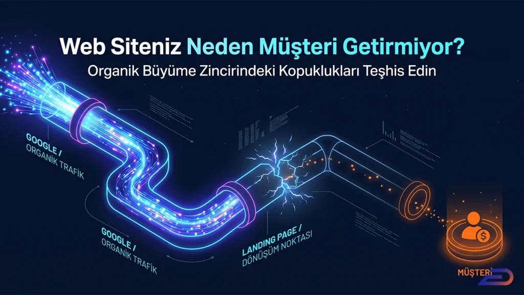 Digital Plus organik büyüme zincirindeki kopuklukları teşhis rehberi kapak görseli: Google'dan gelen yoğun organik trafiği taşıyan neon borunun 'Landing Page / Dönüşüm Noktası'nda kırılarak enerji sızdırdığını ve 'Müşteri' aşamasına çok az potansiyelin ulaşabildiğini simgeleyen 3D illüstrasyon.