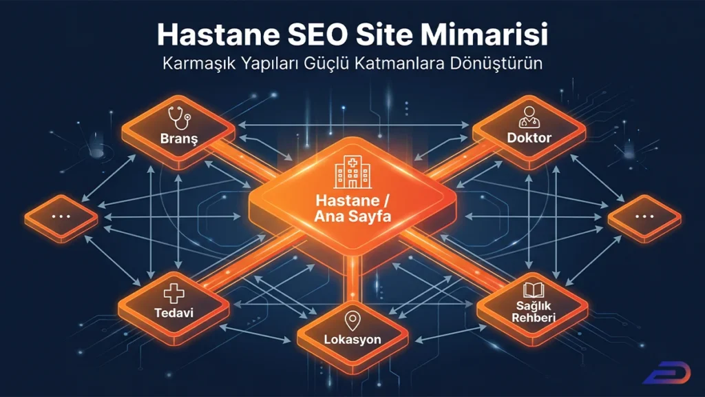 Digital Plus Hastane SEO Site Mimarisi kapak görseli: Merkezdeki 'Hastane / Ana Sayfa' blokundan dışa doğru yayılan Branş, Doktor, Tedavi, Lokasyon ve Sağlık Rehberi katmanlarının dijital bir devre üzerinde birbirine bağlandığını gösteren izometrik ağ illüstrasyonu.