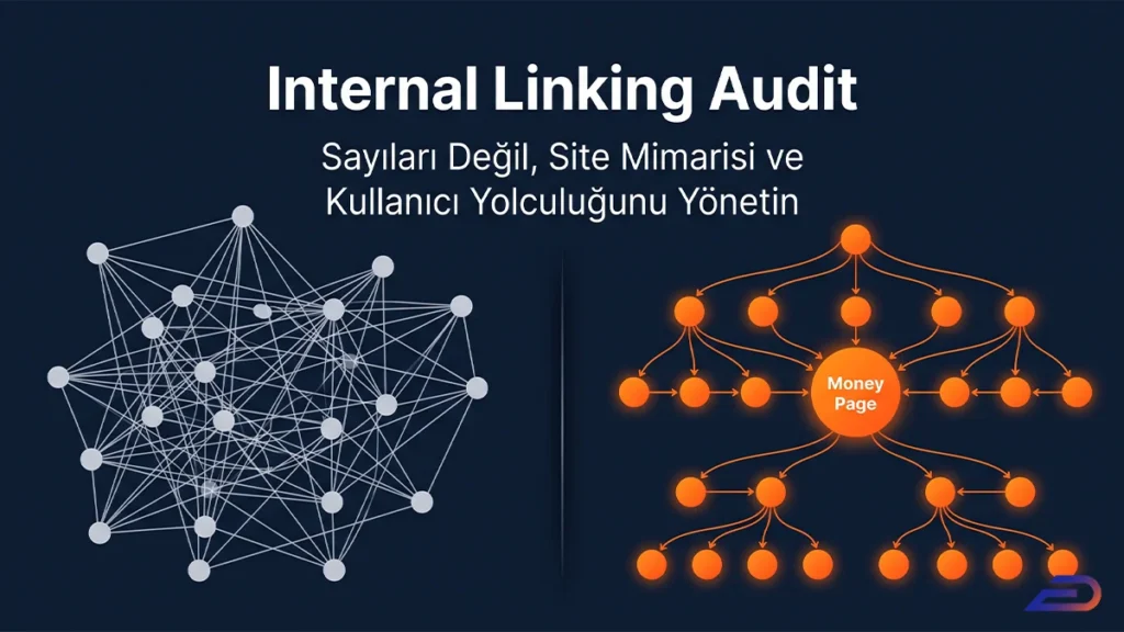 Digital Plus Internal Linking Audit kapak görseli: Sol tarafta karmaşık ve düzensiz bir bağlantı ağını, sağ tarafta ise 'Money Page' (ana ticari sayfa) odaklı, yapılandırılmış ve kullanıcı yolculuğuna uygun hiyerarşik site mimarisini kıyaslayan illüstrasyon.