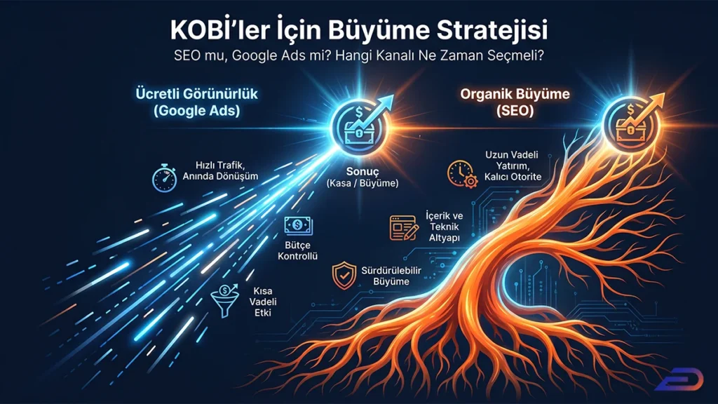 Digital Plus 'KOBİ'ler İçin Büyüme Stratejisi' kapak görseli: Sol tarafta hızlı trafik ve kısa vadeli etki sağlayan ücretli görünürlüğü (Google Ads) mavi ışık huzmeleriyle, sağ tarafta ise uzun vadeli yatırım ve sürdürülebilir büyüme sağlayan organik görünürlüğü (SEO) kök salan turuncu bir ağaç metaforuyla karşılaştıran illüstrasyon.