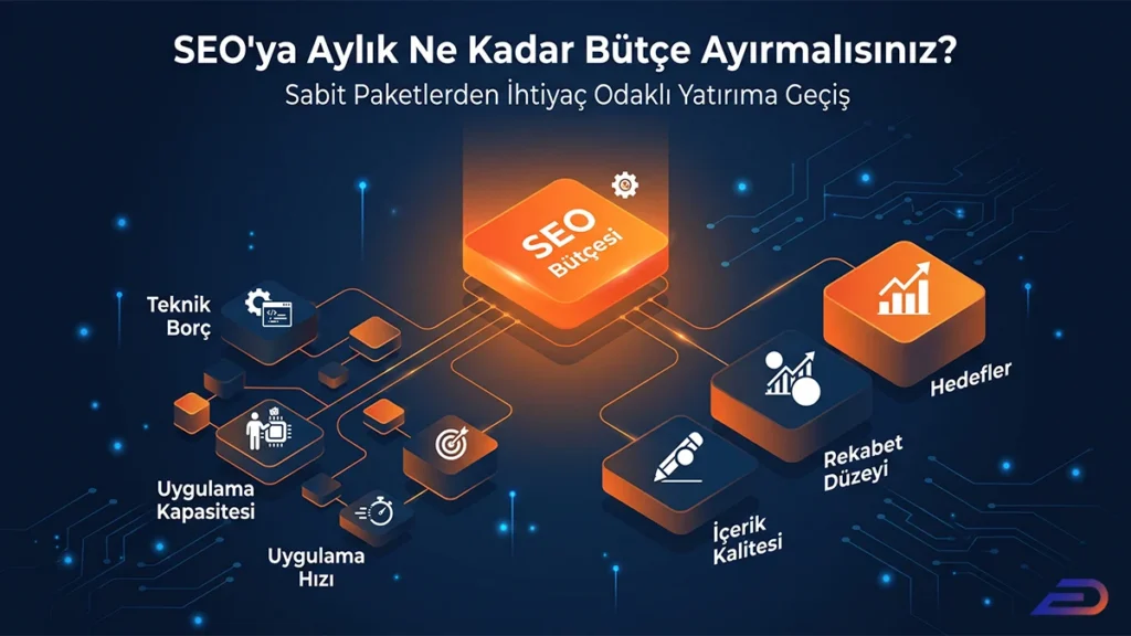 Digital Plus SEO bütçe planlaması kapak görseli: Merkezdeki ana 'SEO Bütçesi' bloğunun; teknik borç, uygulama kapasitesi, hız, içerik kalitesi, rekabet düzeyi ve hedefler gibi değişkenlere dijital devrelerle bağlandığını gösteren analitik konsept illüstrasyonu.