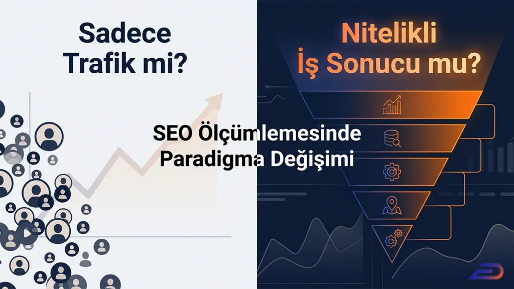 Digital Plus SEO ölçümlemesinde paradigma değişimi: Sol tarafta 'Sadece Trafik mi?' sorusuyla genel ziyaretçi hacmini temsil eden kalabalığı, sağ tarafta ise 'Nitelikli İş Sonucu mu?' sorusuyla katmanlı ve hedefe yönelik dönüşüm hunisini karşılaştıran kapak görseli.