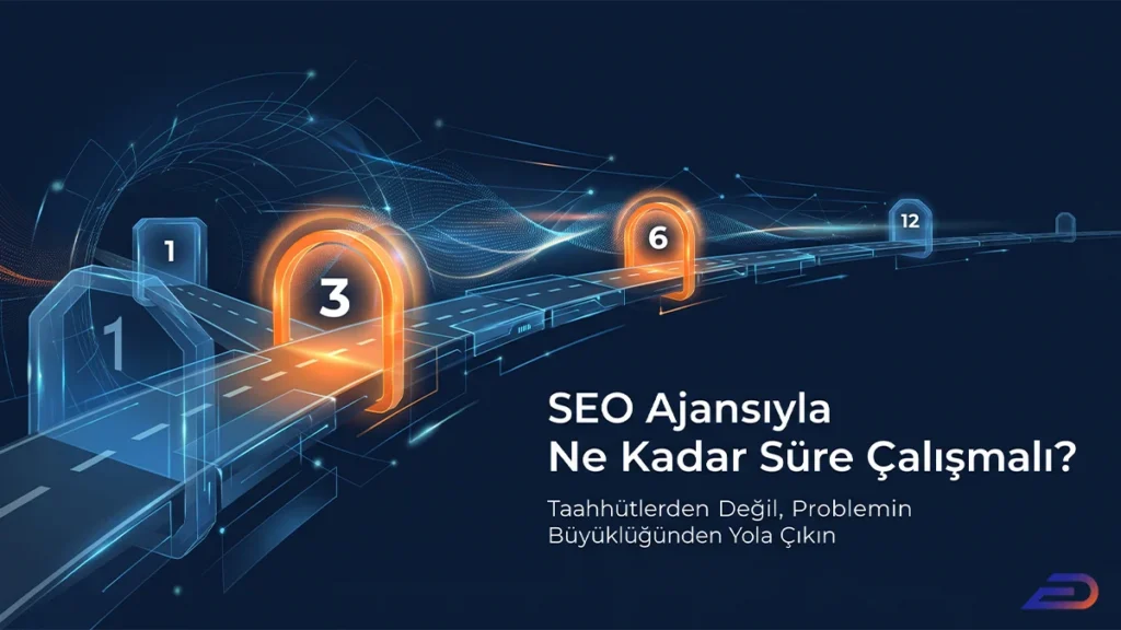 Digital Plus 'SEO Ajansıyla Ne Kadar Süre Çalışmalı?' kapak görseli: Dijital bir otoyol üzerinde 1, 3, 6 ve 12 numaralı dijital geçit kapılarını gösteren; taahhütler yerine problemin büyüklüğüne göre yolculuk süresinin belirlendiğini vurgulayan perspektif illüstrasyonu.