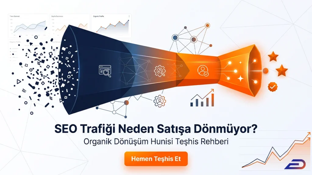Digital Plus "SEO Trafiği Neden Satışa Dönmüyor?" organik dönüşüm hunisi teşhis rehberi kapak görseli: Sol taraftaki dağınık veri ve trafiğin yatay bir 3D huniden geçerek sağ tarafta nitelikli sonuçlara (yıldızlar ve onay işaretleri) dönüştüğünü gösteren illüstrasyon.