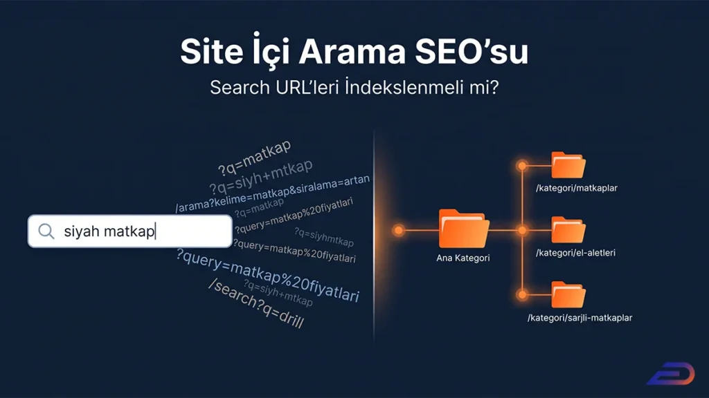 Digital Plus 'Site İçi Arama SEO'su' kapak görseli: 'Search URL'leri İndekslenmeli mi?' sorusu altında; sol tarafta düzensiz arama sorgusu parametrelerini, sağ tarafta ise düzenli ve SEO'ya uygun kategori klasör hiyerarşisini karşılaştıran konsept illüstrasyon.