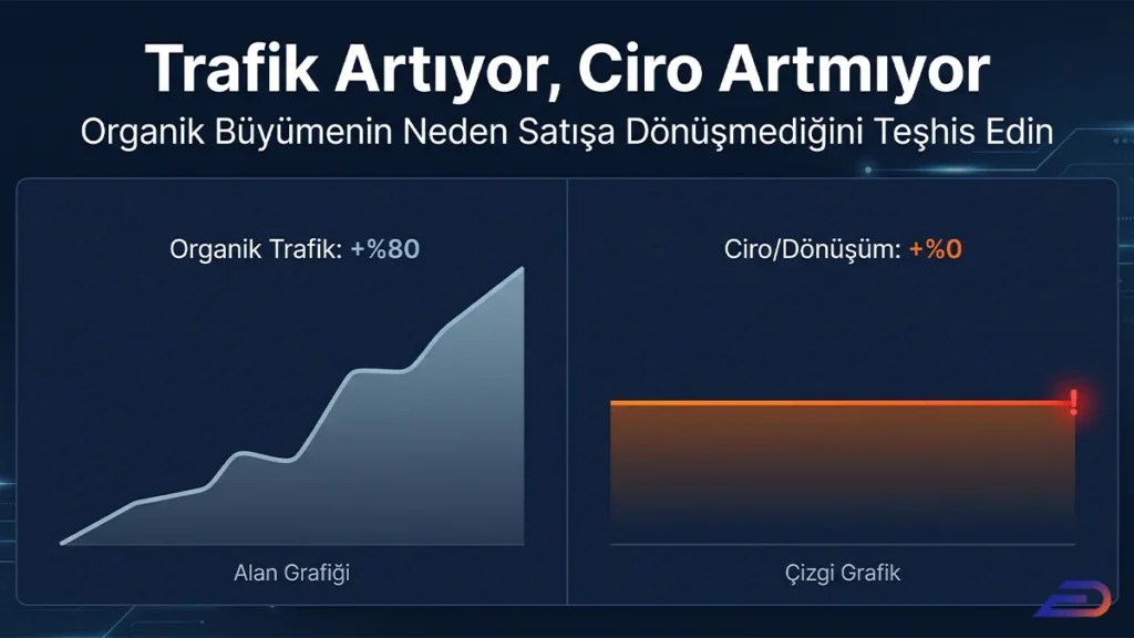 Digital Plus 'Trafik Artıyor, Ciro Artmıyor' teşhis rehberi kapak görseli: Sol tarafta organik trafikte %80 artış gösteren yükselen alan grafiği ile sağ tarafta ciro/dönüşümde %0 büyüme kaydeden yatay ve uyarılı çizgi grafiğini karşılaştıran performans tablosu.