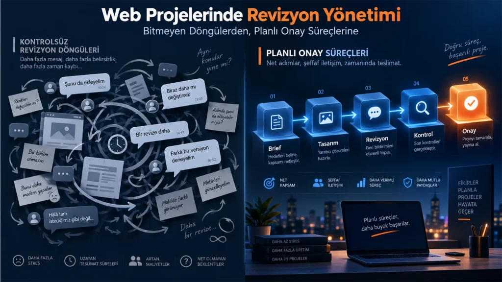 Digital Plus "Web Projelerinde Revizyon Yönetimi" kapak görseli: Sol tarafta zaman kaybına yol açan, karmaşık ve mesajlarla dolu 'Kontrolsüz Revizyon Döngüleri' girdabını; sağ tarafta ise brief, tasarım, revizyon, kontrol ve nihai turuncu 'Onay' bloklarından oluşan düzenli 'Planlı Onay Süreçleri'ni karşılaştıran konsept illüstrasyon.