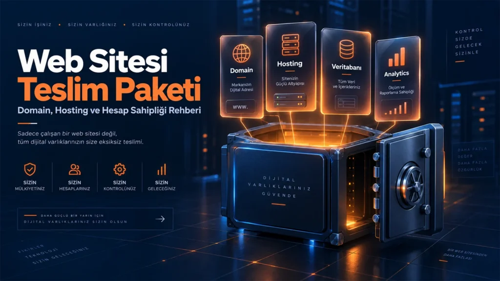 Digital Plus 'Web Sitesi Teslim Paketi' kapak görseli: Açık bir 3D dijital kasanın içinden yukarı doğru yükselen ve işletmenin tam mülkiyetinde olması gereken Domain, Hosting, Veritabanı ve Analytics varlıklarını temsil eden turuncu parlayan bilgi kartları illüstrasyonu.