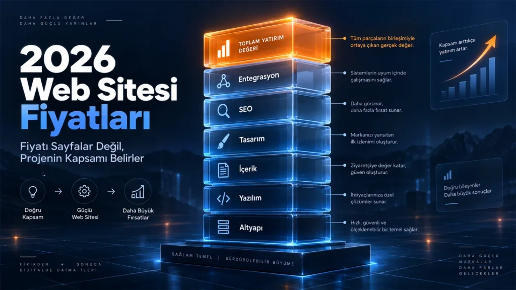 Digital Plus 2026 Web Sitesi Fiyatları kapak görseli: Altyapı, yazılım, içerik, tasarım, SEO ve entegrasyon katmanlarının şeffaf mavi bloklar halinde üst üste dizilerek, en üstte parlayan turuncu renkli 'Toplam Yatırım Değeri' bloğunu oluşturduğu ve kapsamın yatırımı artırdığını gösteren 3 boyutlu kule illüstrasyonu.