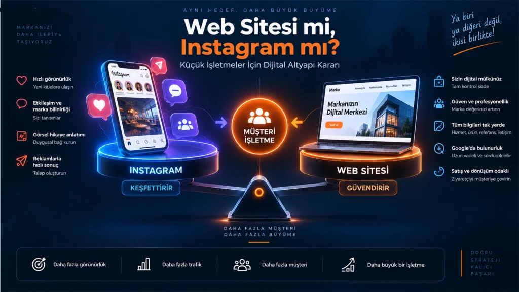 Digital Plus "Web Sitesi mi, Instagram mı?" kapak görseli: 3 boyutlu bir denge terazisinde; sol tarafta keşfettiren mavi aydınlatmalı mobil Instagram arayüzünü, sağ tarafta ise güvendiren turuncu aydınlatmalı dizüstü bilgisayardaki Web Sitesi arayüzünü tartarak, her iki kanalın merkezdeki 'Müşteri/İşletme' hedefine ortak katkısını anlatan illüstrasyon.