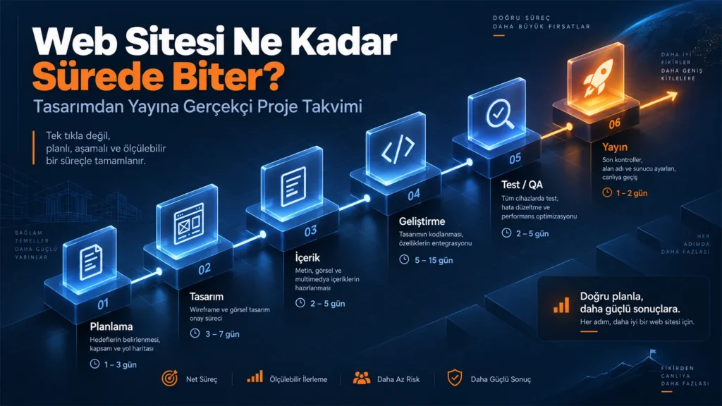 Digital Plus 'Web Sitesi Ne Kadar Sürede Biter?' kapak görseli: Planlama, tasarım, içerik, geliştirme, test/QA aşamalarının tahmini gün süreleriyle birlikte 3D mavi cam ekranlar olarak yükseldiği, son adımda ise turuncu renkle parlayan 'Yayın' hedefine ulaşan gerçekçi proje takvimi grafiği.
